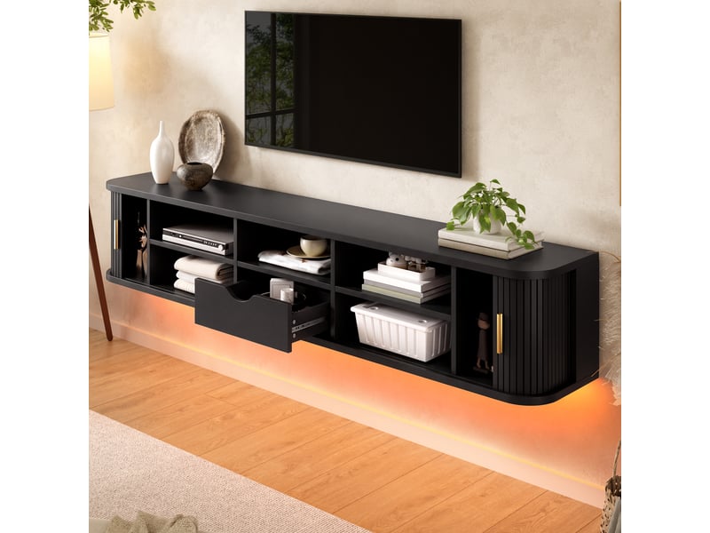  Meuble tv mural, façade à rainures verticales, led réglable par application en bas, corps en mdf, salon  - Conforama D