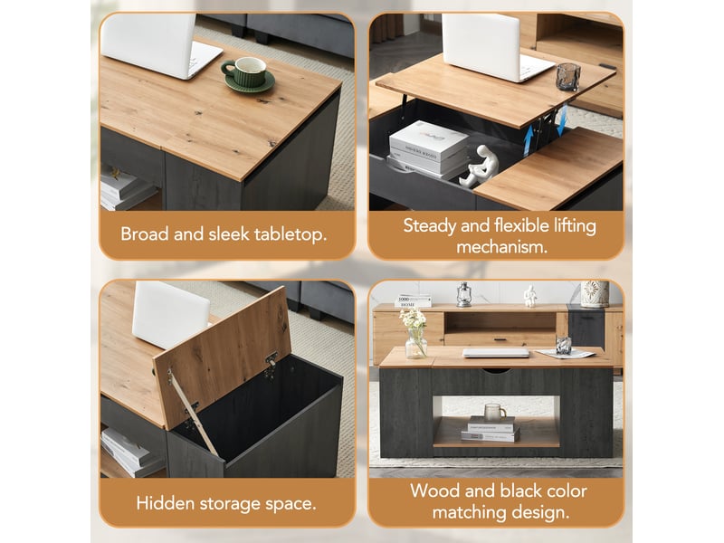  Table basse relevable hydraulique 109,5x59,7x43 cm, 3 rangements, design moderne, mdf, gris brun effet bois  - Conforama E