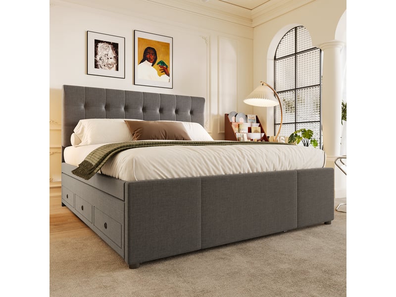  Lit simple 140x200cm, lit enfant avec trois tiroirs de rangement, lit extensible à roulettes, tête de lit réglable en hauteur, gris  - Conforama D