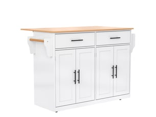 Desserte de cuisine blanc et naturel 120 × 4670 × 91 cm en mdf, plateau rabattable, 4 portes, roulettes et pieds en bois