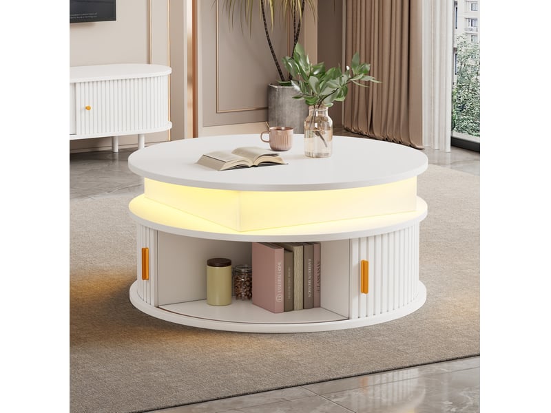  Table basse ronde relevable 75x75x52 cm blanche avec led et rangement  - Conforama D