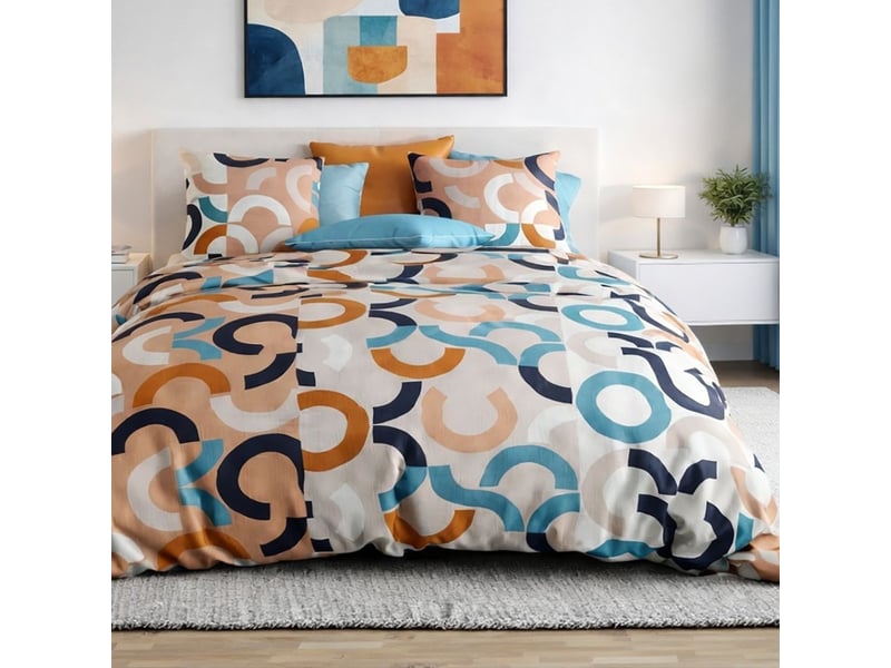  Parure housse de couette 260x240cm + 2 taies motif pop bleu et orange 100% coton - virgile VIRGILE - Conforama C