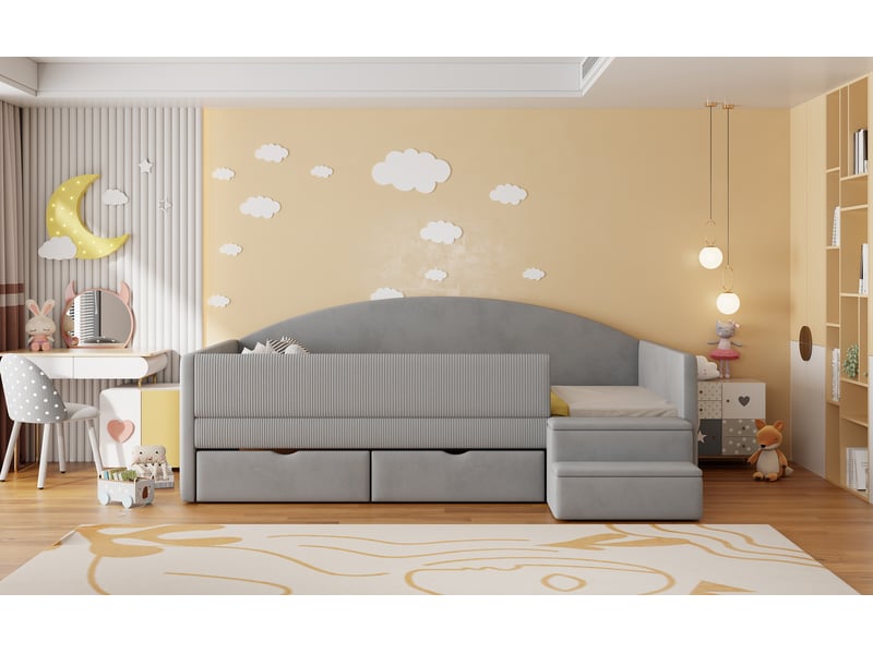  Lit banquette 90x190 cm enfant avec 2 tiroirs de rangement et barrières de sécurité - velours gris clair, sans matelas  - Conforama D
