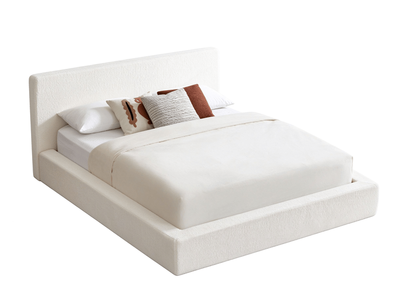  Lit rembourré double 160 x 200 cm avec tête de lit capitonnée, cadre renforcé et sommier métallique inclus, mousse, blanc crème Morn Vibe - Conforama A
