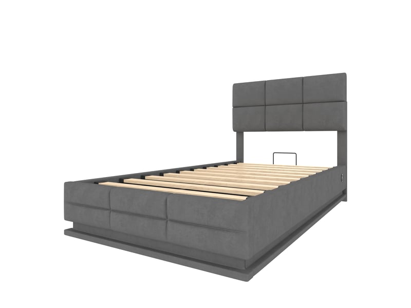  Lit coffre rembourré 90x200 cm gris en velours, led, usbtype-c, rangement xxl  - Conforama D