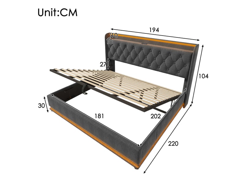  Lit coffre 180x200 cm, rangement hydraulique, éclairage led, usb et usb-c, tête de lit avec rangement pour chambre - gris  - Conforama C