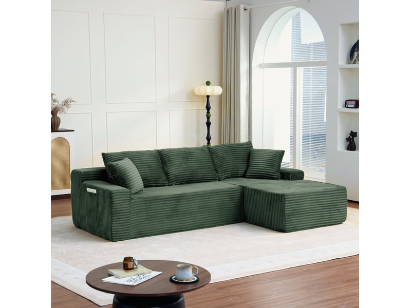  Canapé d’angle modulable 4 places en velours côtelé vert, 239x156x79 cm  - Conforama W