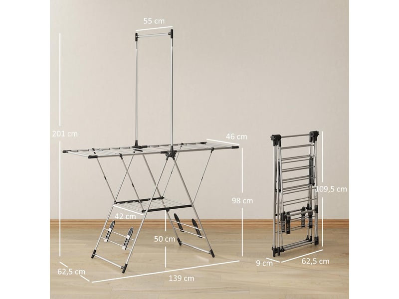  Séchoir à linge étendoir pliable en acier inoxydable argenté 139 x 62,5 x 201 cm  - Conforama C
