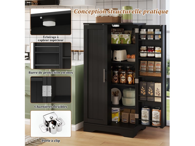  Armoire rangement 60x40x120 cm, buffet de cuisine, meuble salon chambre avec led capteur, portes motif 3d, mdf, noir  - Conforama D