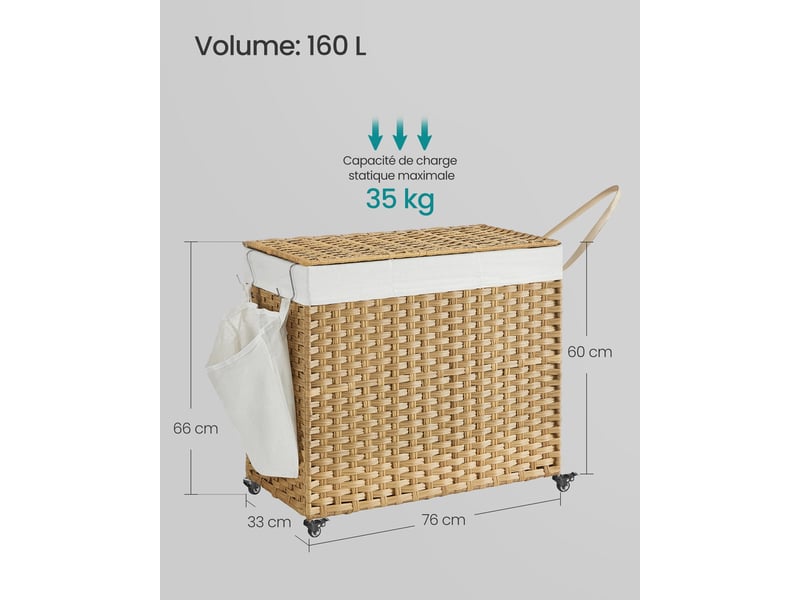  Panier à linge tissé main 76 x 33 x 66 cm avec couvercle 3 compartiments moderne salle de bain en plastique gris 12_0010810  - Conforama B