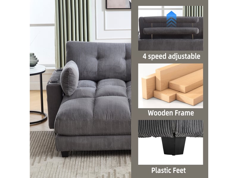  Fauteuil de détente avec dossier réglable, ports usb, porte-gobelets et poche latérale, en velours côtelé gris  - Conforama E