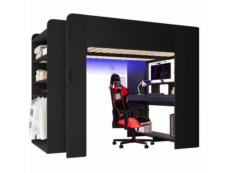  Lit mezzanine gaming 140x200 cm noir en bois, avec bureau, armoire ouverte, led, usb et rangements, sans matelas  - Conforama A