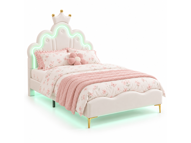  Lit fille 90x190cm avec sommier led réglables - lit simple enfant avec tête de lit réglable en hauteur - sommier à lattes - lit 90x190 cm - lumineuse led - lit fille avec tête de lit réglable - lit princesse en forme couronne - …  - Conforama A