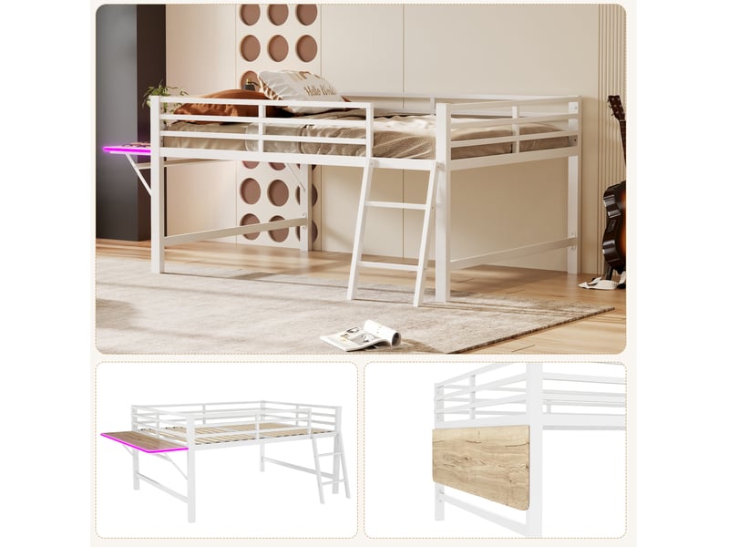  Lit mezzanine 140x200 cm, bureau pliable, garde-corps, échelle, éclairage led, métal blanc, sans matelas  - Conforama E