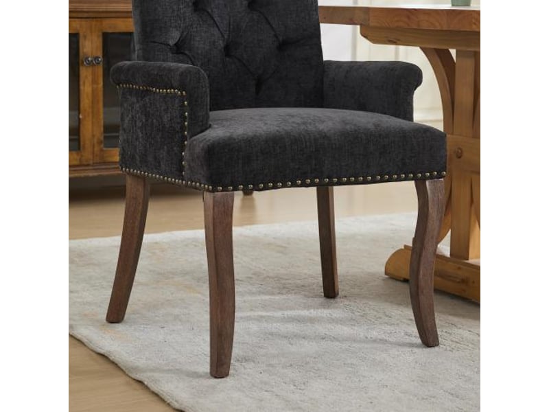 Chaise de salle à manger capitonnée en velours chenille gris charbon - pieds bois courbés - pièce unique de1895bk - Conforama E
