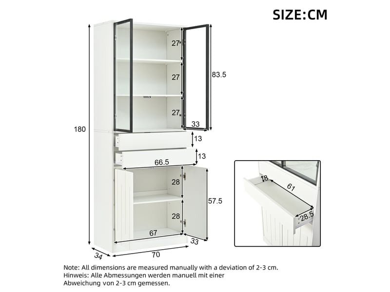  Vitrine tcqpz led 70 x 34 x 180 cm 2 tiroirs verre trempé blanc mat  - Conforama C