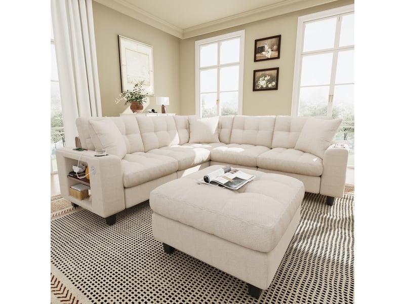  Canapé en u modulable 6 places en tissu chenille beige, accoudoirs bibliothèque, usbusb-c, 216,5×216,5×83 cm  - Conforama R