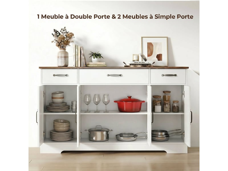  Buffet, meuble de rangement cuisine style ferme avec 4 portes de grange, 3 tiroirs, étagères ajustables, blanc  - Conforama D