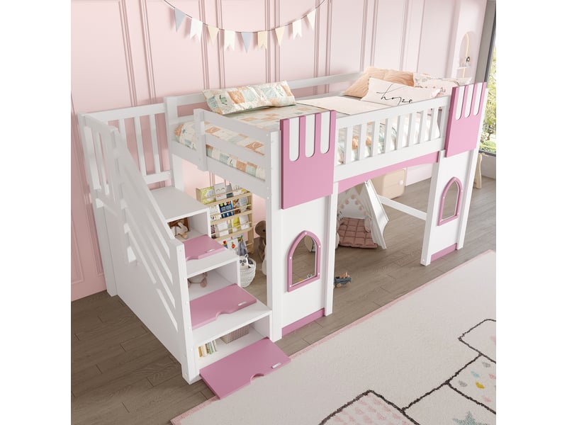  Lit mezzanine lit mezzanine 90x200 cm avec échelle et rangement - 2 fenêtres en mdf + kiefer - sans matelas, blanc et rose  - Conforama B