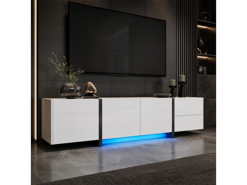  Meuble tv bas 170 x 30 x 39 cm, 3 portes, tiroir, porte rabattable, blanc et noir  - Conforama B