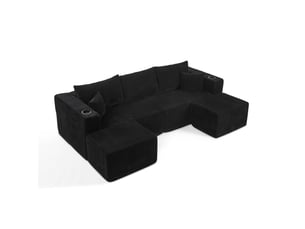 Canapé d'angle, canapé modulable – 3 places, poches latérales, porte-gobelets, noir, pouf amovible, en velours tricoté