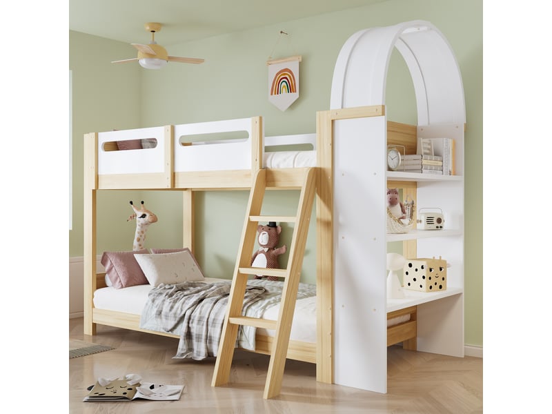  Lit enfant 90x200 tapissier beige - tête de lit biscuit et bords anti-collision  - Conforama B