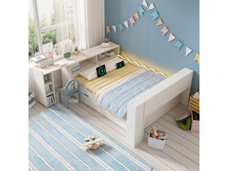 Canapé-lit 140x200cm - avec 2 tiroirs - avec éclairage led et prises de recharge - avec bureau extensible - blanc (matelas non inclus) - Conforama D