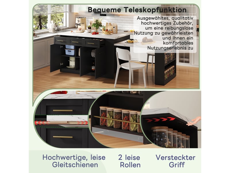  Îlot de cuisine 150 × 90 × 90 cm noir, mdf, plateau effet marbre blanc, table extensible 96 cm et nombreux rangements  - Conforama D