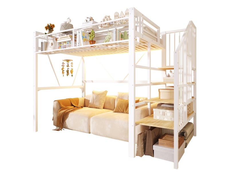 Lit mezzanine 90x200 cm avec rangements et led coloris blanc - Conforama A