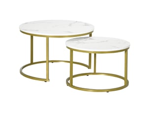 Lot de 2 tables basses rondes blanches effet marbre, structure en acier doré, gigognes pour le salon