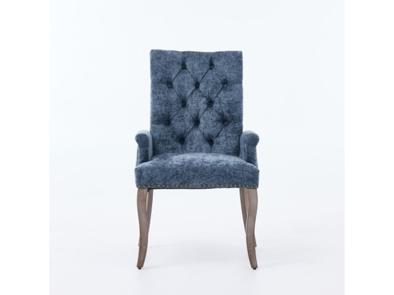  Chaise capitonnée velours chenille bleu - pieds bois courbés - style club - salle à manger - de1895bl  - Conforama A