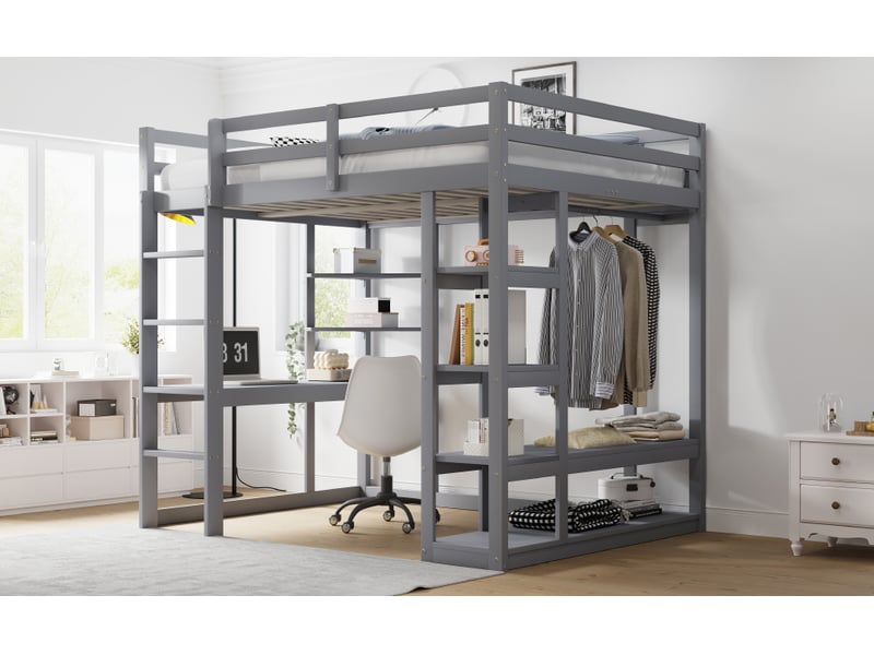  Lit mezzanine 140x200 cm avec bureau et étagère, lit enfant avec étagère de rangement, gris, lit double en bois massif  - Conforama R