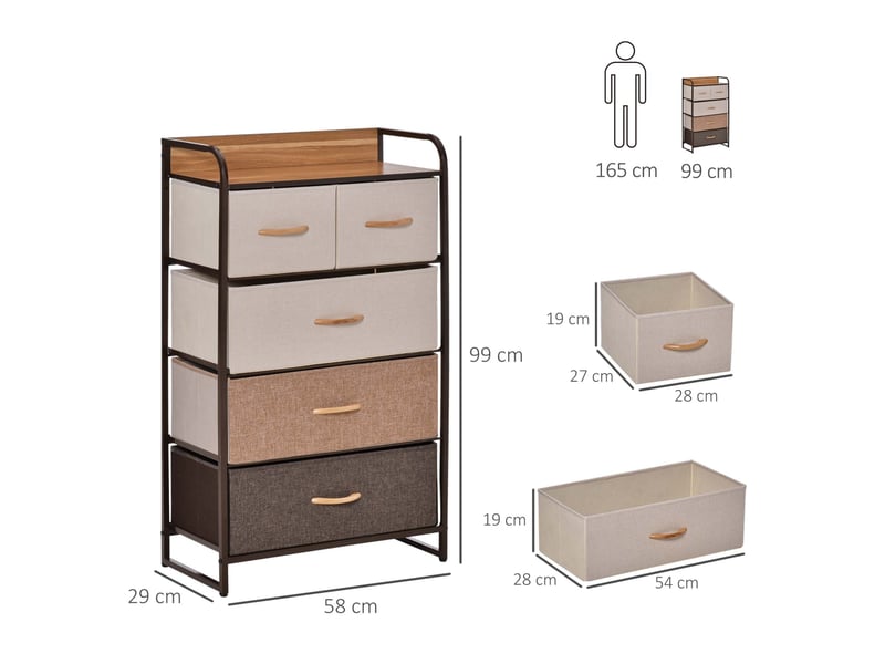  Commode avec 5 tiroirs en tissu pliables, poignées et anti-basculement pour salon et chambre, marron, 58 × 29 × 99 cm  - Conforama E