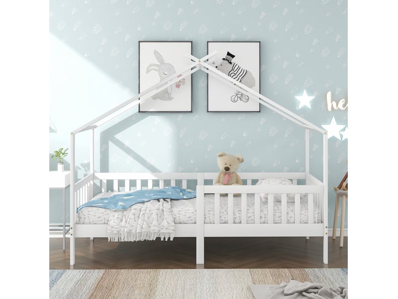  Modenvie lit cabane enfant 90x200 cm - avec barrières de sécurité et rangement, sommier inclus - blanc  - Conforama D