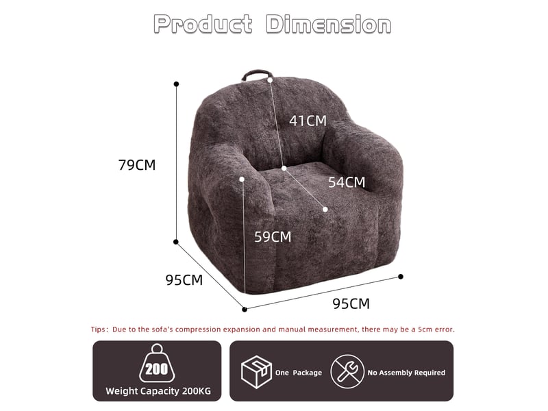  Fauteuil poire modenvie avec accoudoirs en fausse fourrure gris foncé, mousse déchiquetée, 95 x 95 x 79 cm  - Conforama C