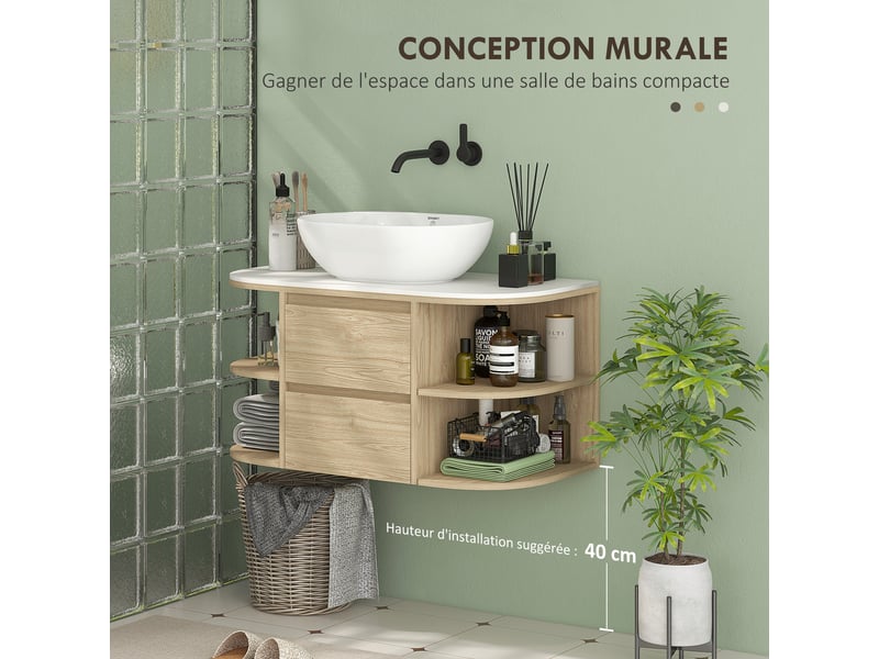  Meuble sous vasque suspendu marron, 90 cm, 2 tiroirs et 4 étagères  - Conforama R