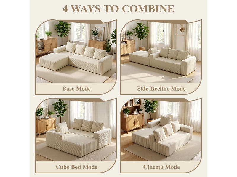 Canapé nuage d'angle modulable 4 places 261x168x58 cm, méridienne droite, assise profonde, mousse et ressorts, velours côtelé beige Radiant Stride - Conforama E