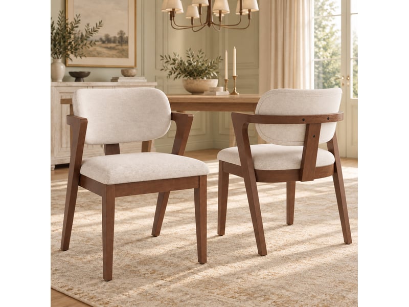  Lot de 2 chaises de salle à manger 56x57,5x79 cm, accoudoirs, bois d'hévéa et lin, noyer et beige avoine  - Conforama B