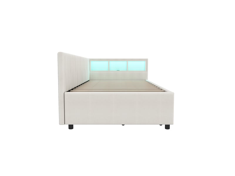 Lit banquette beige 90x200 cm, 2 tiroirs, led, usb-c et rangement intégré - Conforama E