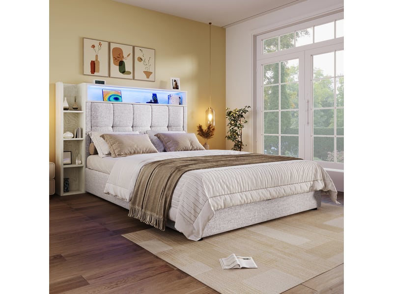  Lit rembourré 90x200 cm sans matelas, lin et mdf, led, usb type-c, rangements, beige pour chambre  - Conforama D