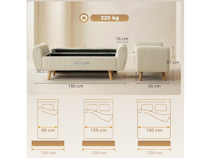  Banc de rangement en velours côtelé beige avec accoudoirs roulés et pieds en bois  - Conforama C