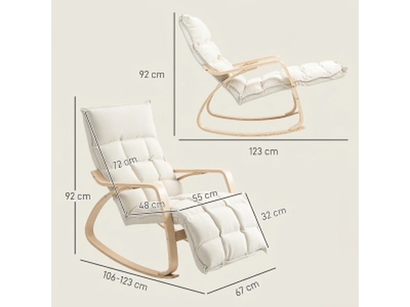 Fauteuil à bascule blanc crème effet lin avec repose-pieds, fauteuil relax confort pour salon et chambre - Conforama C