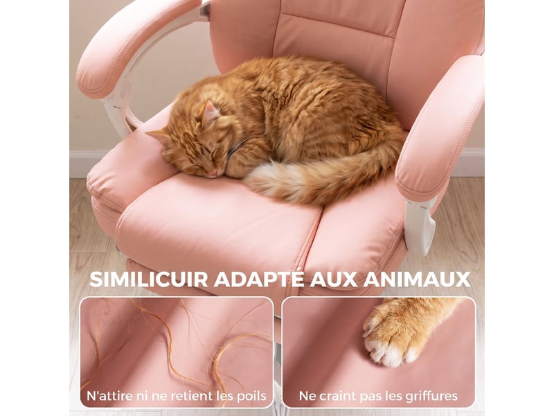  Chaise bureau ergonomique, fauteuil de bureau inclinable en cuir synthétique adapté aux animaux, hauteur réglable, rose  - Conforama R