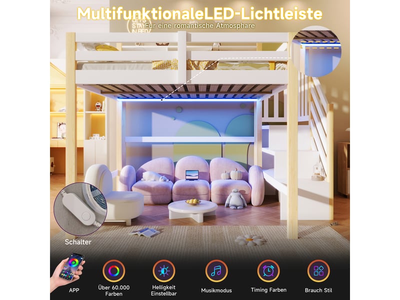  Lit superposé 140x200 cm, lit enfant, rangement, échelle sécurisée, led, bois de pin blanc et naturel  - Conforama R