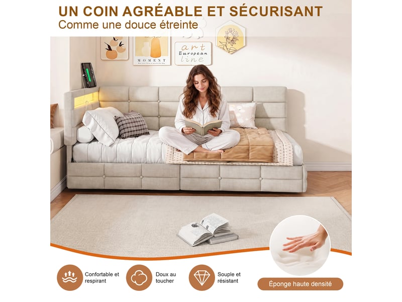  Kefsr lit double capitonné 140x190 cm, lit d'angle banquette avec 2 tiroirs, éclairage led, prises usbtype-c et sommier à lattes, tissu lin beige  - Conforama E