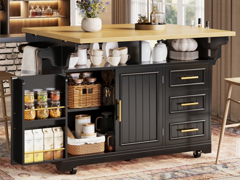  Îlot multifonction avec table extensible, portes verticales, tiroirs, plateau rabattable 2 côtés, roulettes, 120x40x95 cm, noir  - Conforama B