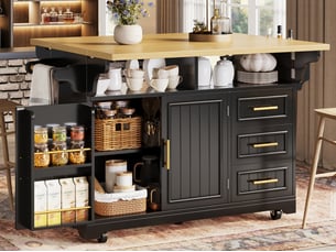 Îlot multifonction avec table extensible, portes verticales, tiroirs, plateau rabattable 2 côtés, roulettes, 120x40x95 cm, noir