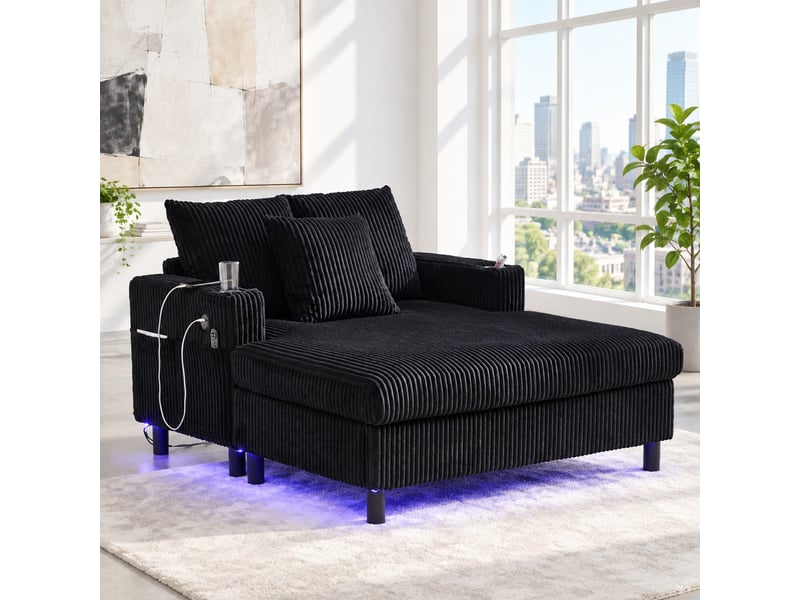 Fauteuil relax xxl avec led, ports usb, porte-gobelets, dossier ergonomique en velours côtelé noir, 142 × 128 × 85 cm  - Conforama C