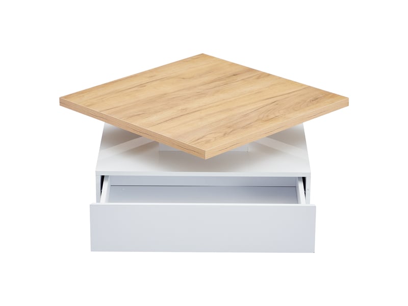  Tiroir à café carré multifonctionnel pivotant à 360°, table centrale pivotante à 2 niveaux et meuble de rangement blanc laqué brillant, table d'appoint de salon avec structure en panneaux de particules de noyer, blanc  - Conforama D