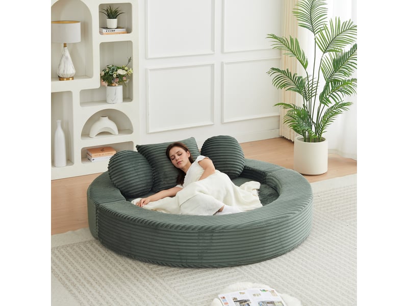  Canapé convertible 4-en-1 en velours côtelé, méridienne et lit de jour rond, 1 place, 3 coussins, vert, design moderne  - Conforama D